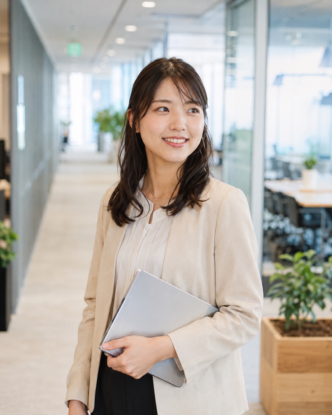 ノートパソコンを持ってオフィスに立つ社員